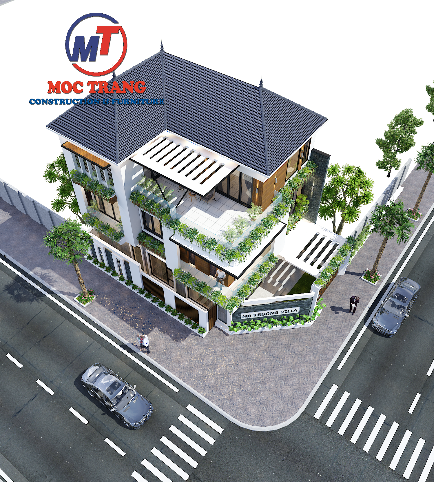 Thiết kế nhà villa 3 tầng 2 mặt thoáng nhìn từ trên cao