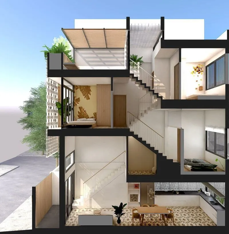 Mẫu thiết kế nhà nhỏ 40m2 đẹp lệch tầng