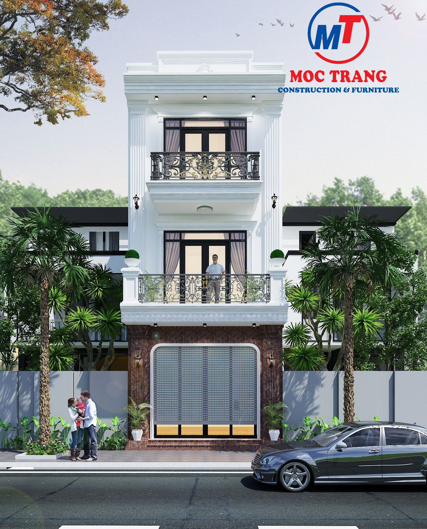 Phối cảnh 3D mặt tiền nhà lô 3 tầng