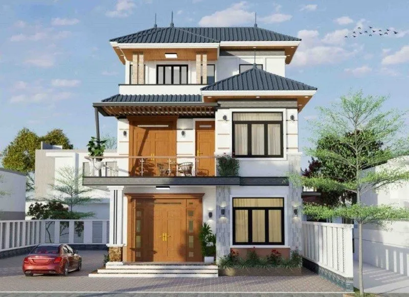 Trang trí mặt tiền nhà ống 3 tầng đẹp mái Nhật - 2