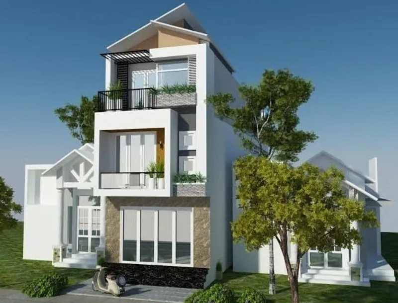Thiết kế mặt tiền nhà phố 3 tầng với mái lệch - 1