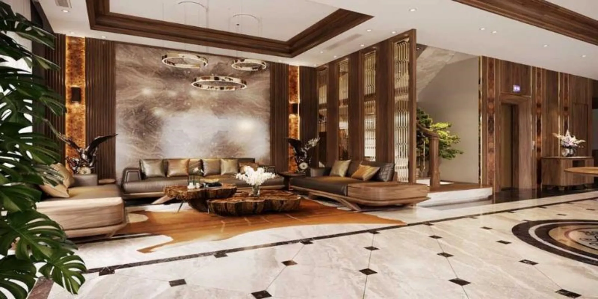 Thiết kế nội thất biệt thự gỗ óc chó phòng khách