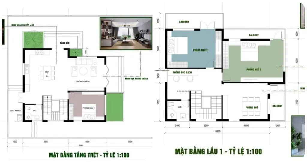Mặt bằng bệt thự sân vườn 2 tầng 3 phòng ngủ - 2