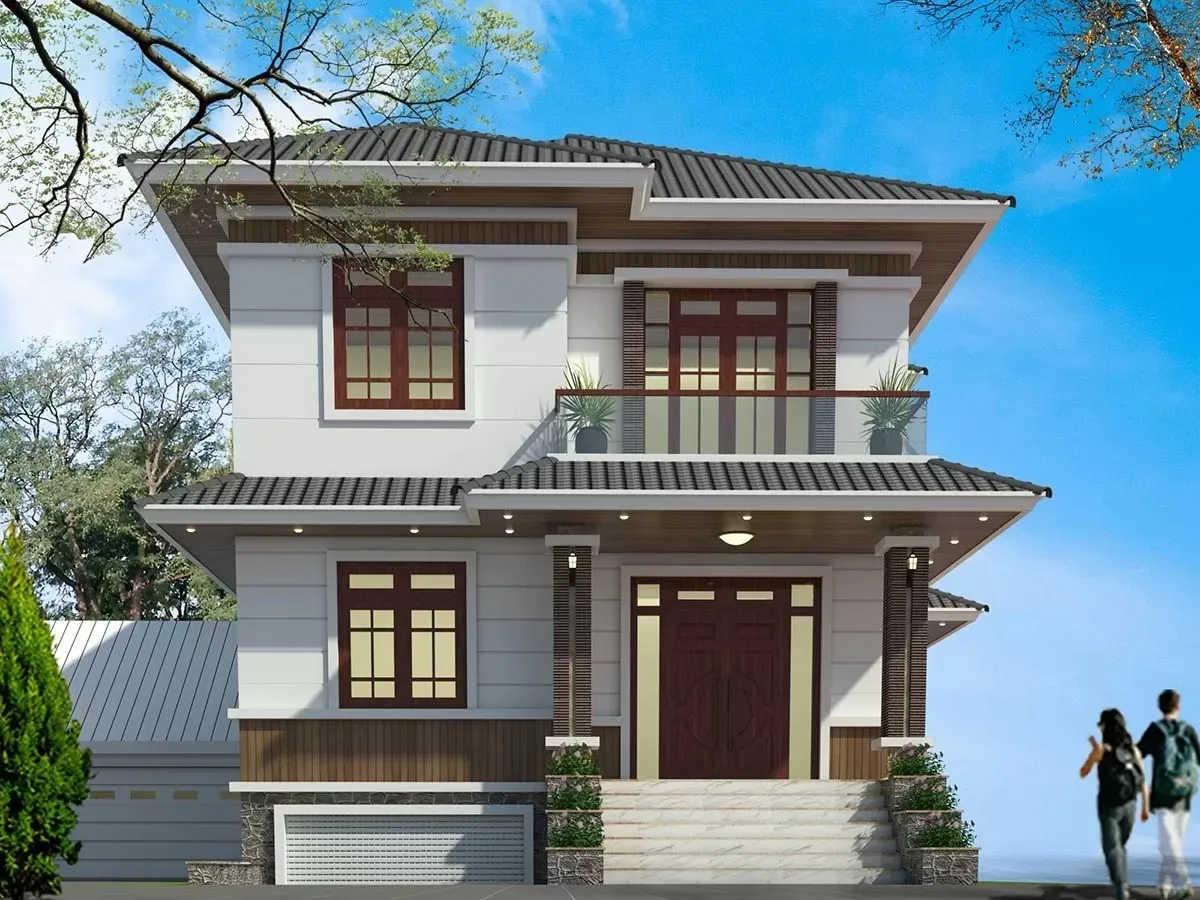Mẫu nhà 2 tầng mái Nhật với thiết kế bán hầm