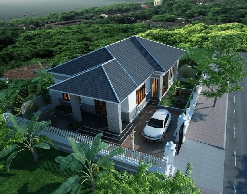 Mẫu biệt thự 1 tầng 4 phòng ngủ mái Thái có gara