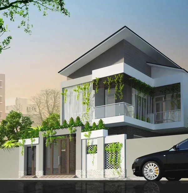 Mẫu nhà 2 tầng 4 phòng ngủ thiết kế mái xéo hiện đại