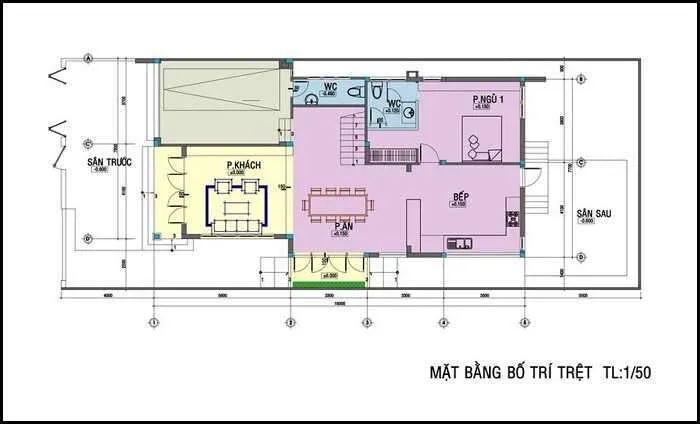 Thiết kế mẫu nhà 2 tầng 4 phòng ngủ 80m2 tầng 1