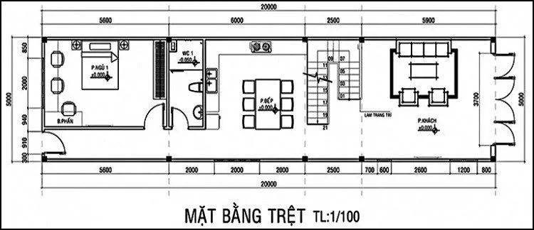 Mẫu nhà 2 tầng 4 phòng ngủ hiện đại diện tích 5×20m tầng 1