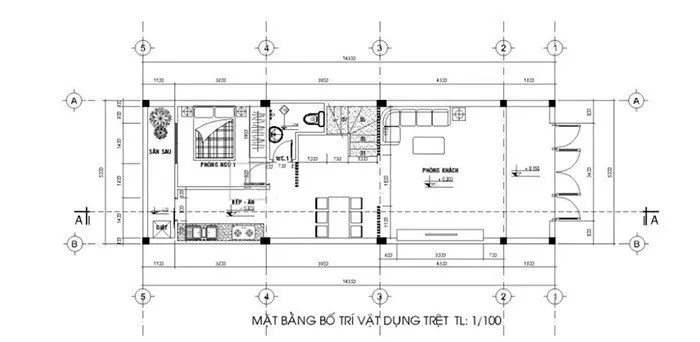 Thiết kế mẫu nhà 2 tầng 4 phòng ngủ 70m2 tầng 1