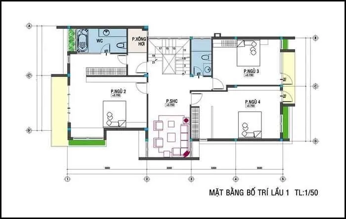 Thiết kế mẫu nhà 2 tầng 4 phòng ngủ 80m2 tầng 2