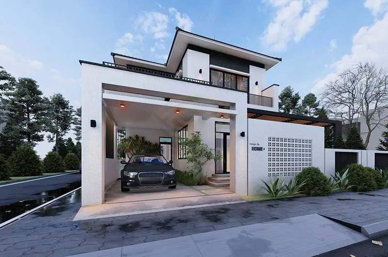 Mẫu nhà 80m2 2 tầng 4 phòng ngủ tích hợp gara ô tô