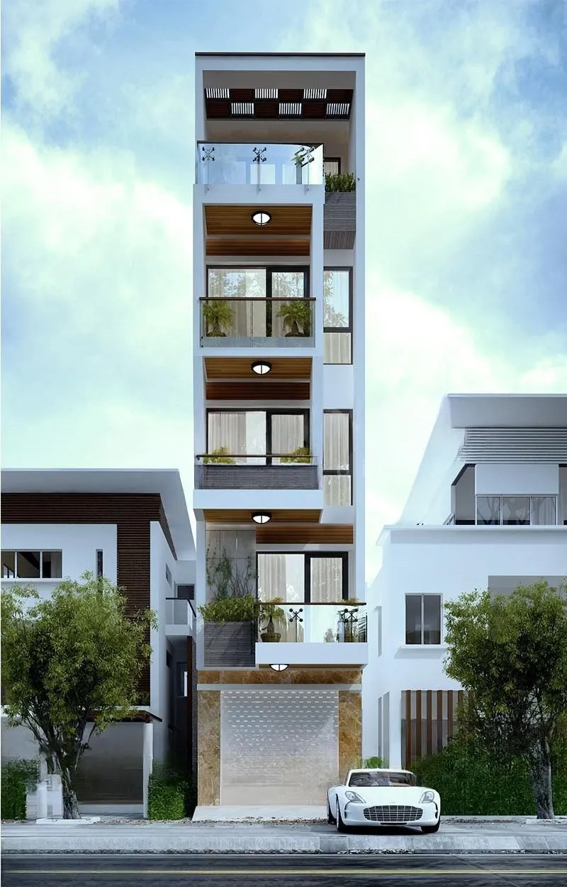 Mẫu nhà phố 5 tầng hiện đại có gara để xe
