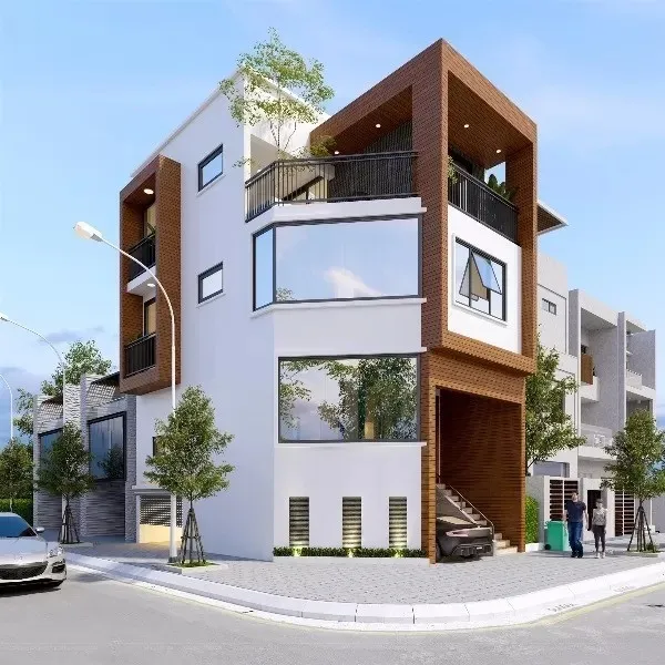 Mẫu nhà 2 mặt tiền vát góc 2 tầng thiết kế sang trọng