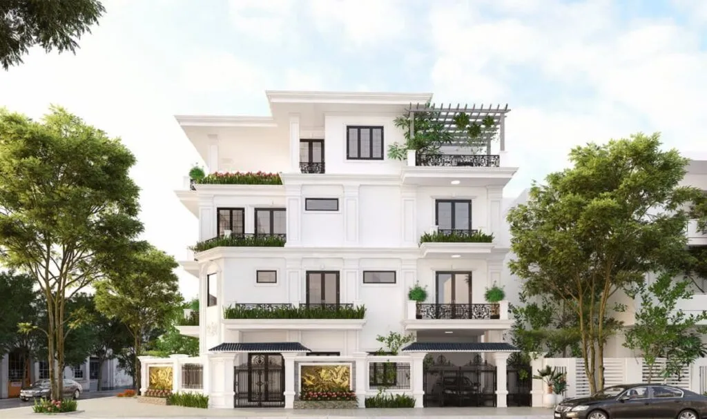 Thiết kế nhà hai mặt tiền kinh doanh với bố cục 4 tầng