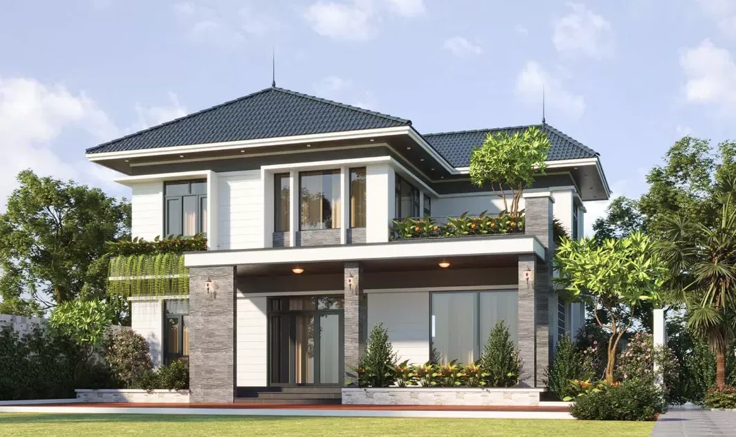 Mẫu thiết kế nhà mái Nhật 8x12m có bố trí gara để xe