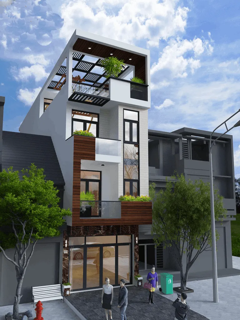 Mẫu nhà lệch tầng 4x12 phối màu tinh tế