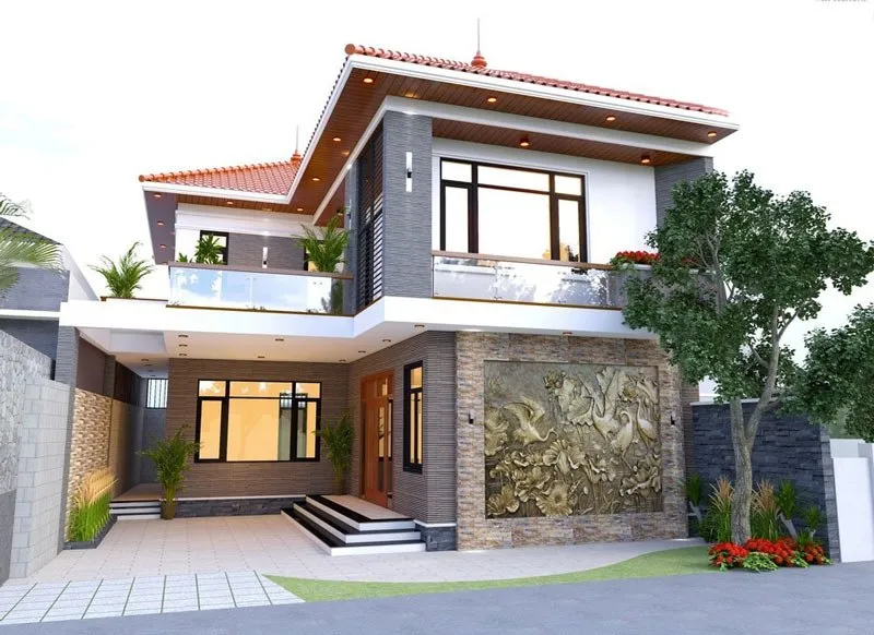 Mẫu nhà mái nhật 2 tầng bố cục chữ L