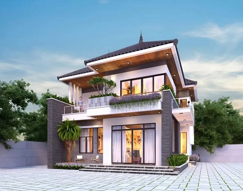 Mẫu nhà mái Nhật 2 tầng với thiết kế đơn giản