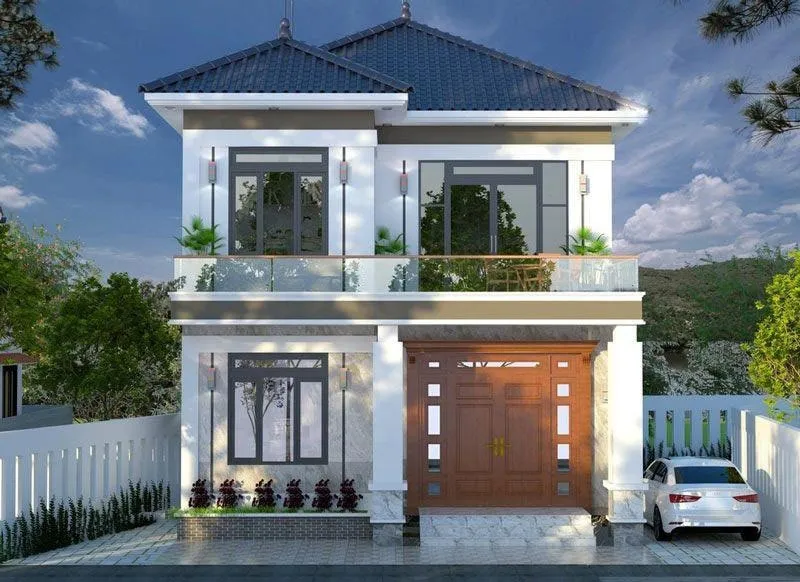 Mẫu nhà biệt thự vuông 2 tầng với mái Nhật