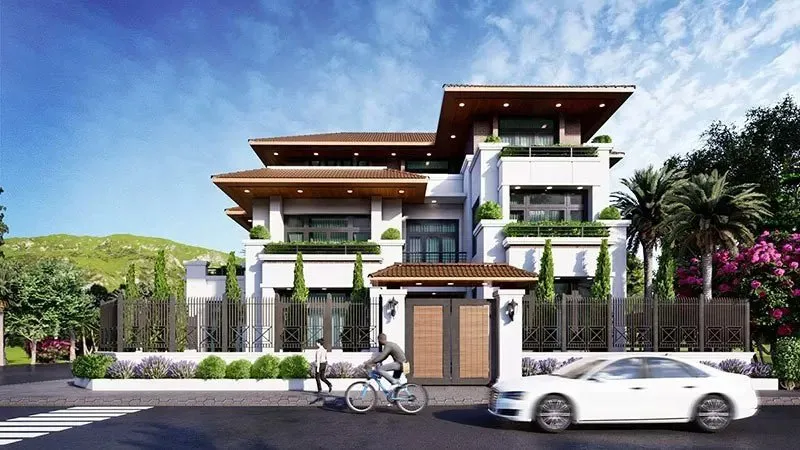 Mẫu biêt thự 2 tầng mái Nhật bố trí 2 mặt tiền