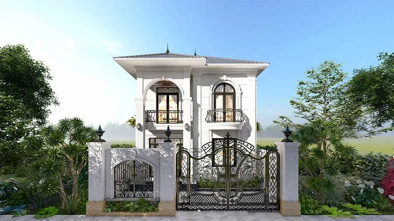 Mẫu thiết kế mặt tiền nhà 5m tân cổ điển với mái Nhật