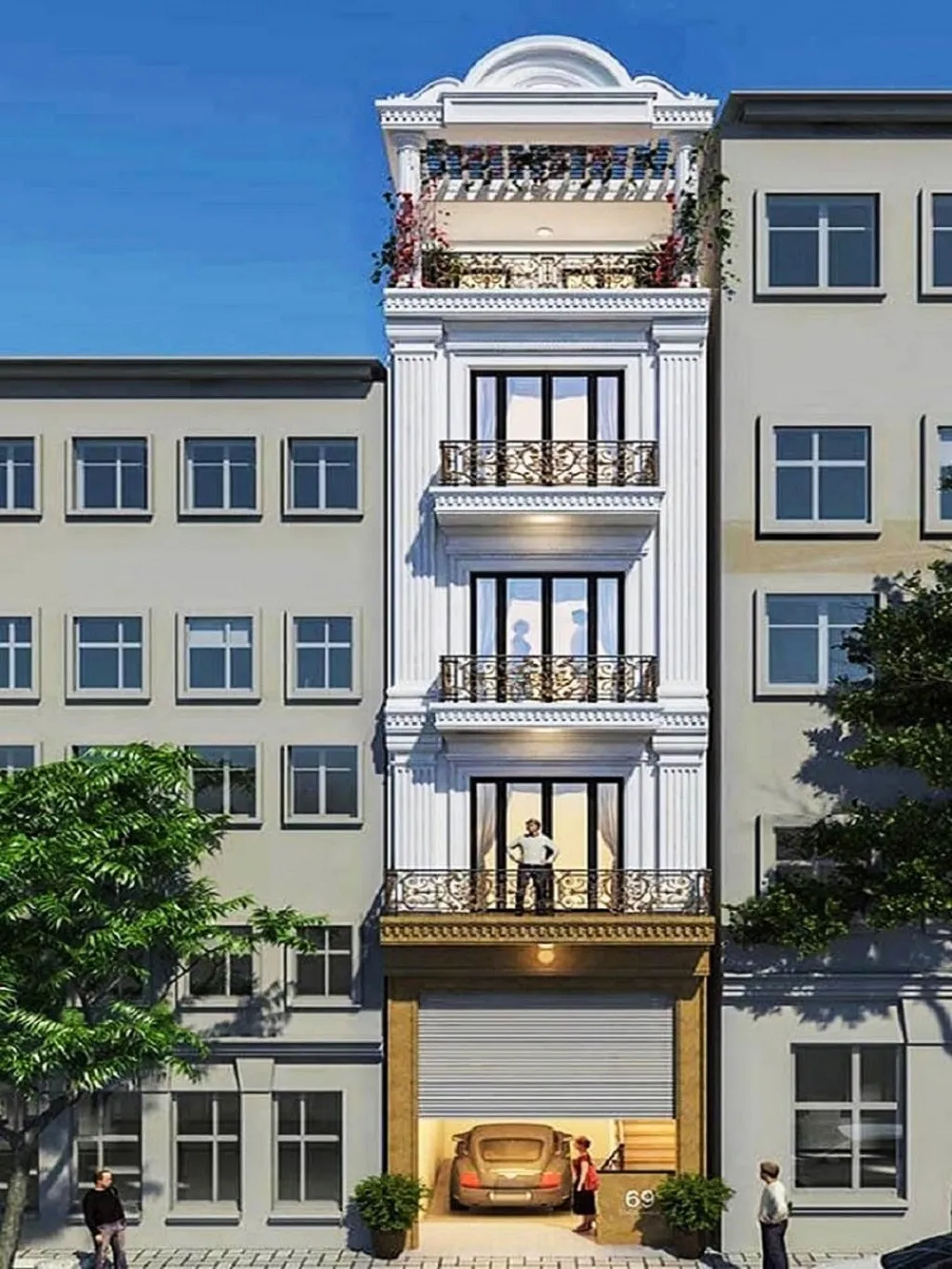 Mẫu thiết kế mặt tiền nhà phố 5m với bố trí sân thượng