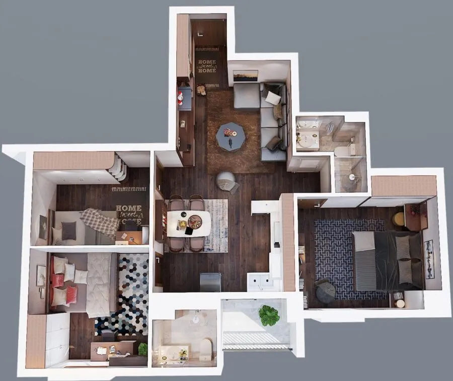Mẫu thiết kế nội thất chung cư 85m2 với bố trí 3 phòng ngủ