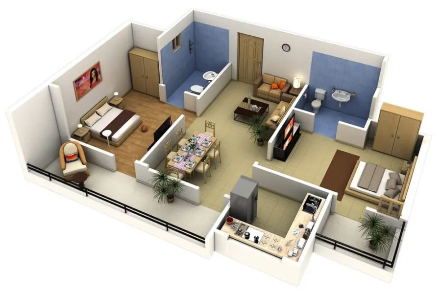 Mẫu thiết kế nội thất căn hộ 85m2 với bố trí 2 phòng ngủ