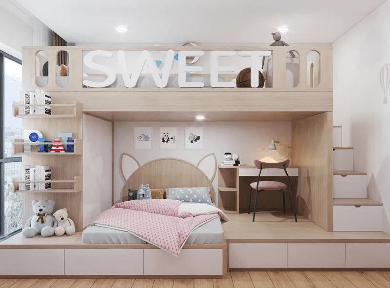 Thiết kế nội thất căn hộ chung cư 60m2 với 2 phòng ngủ