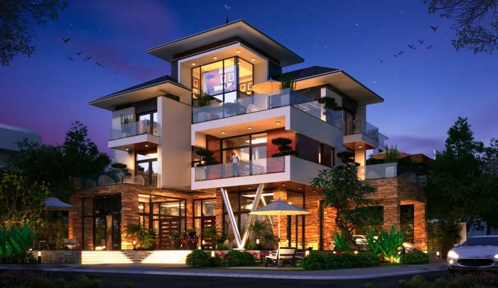 Mẫu biệt thự 4 tầng phong cách hiện đại đầy tối giản