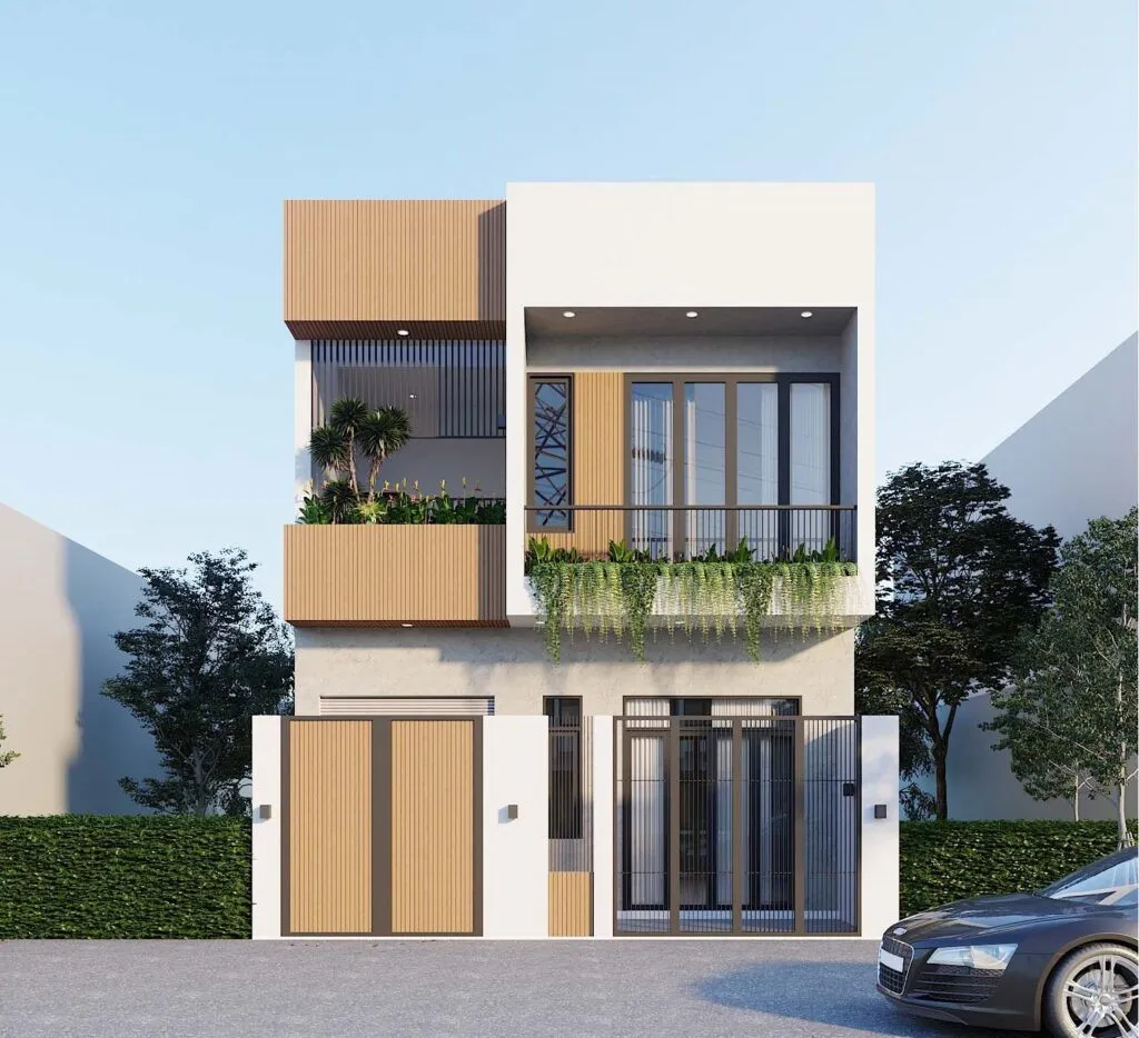 Thiết kế bản vẽ 3D nhà ống 2 tầng 5x15 với mái bằng