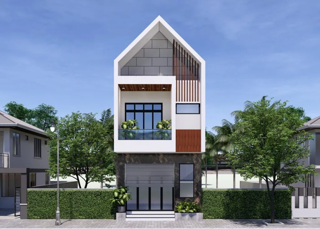 Mẫu bản vẽ 3D nhà ống 2 tầng 5x15 với mái Thái