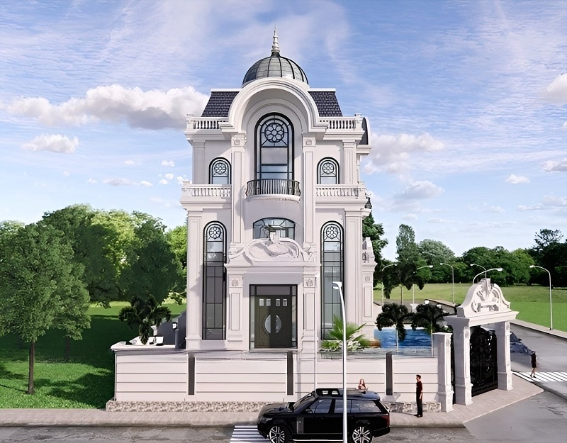 Mẫu thiết kế biệt thự tân cổ điển 4 tầng có bố trí bể bơi