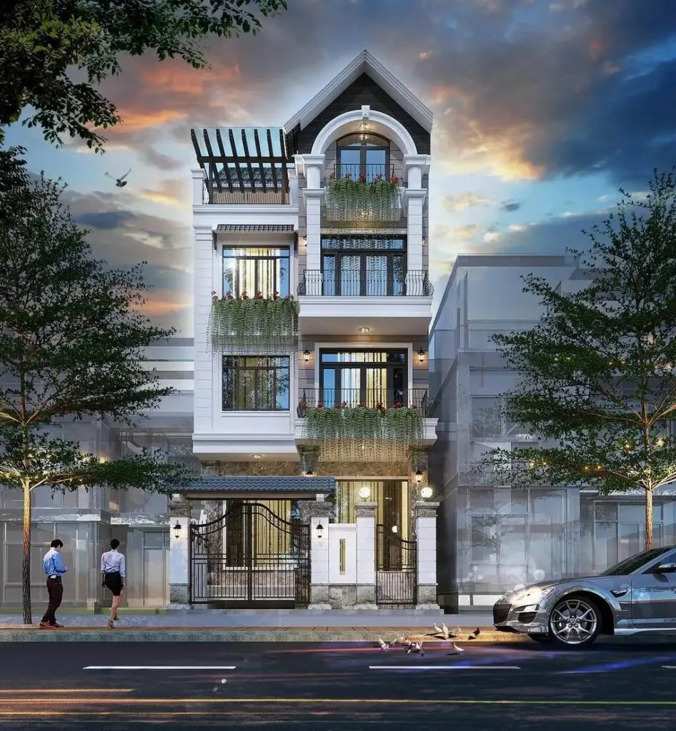Mẫu nhà ống 4 tầng tân cổ điển mái Thái đầy thanh lịch
