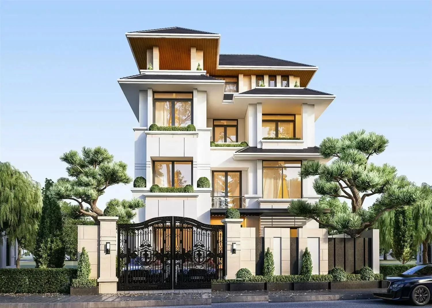 Mẫu nhà ống 4 tầng tân cổ điển mái Thái đầy thanh lịch