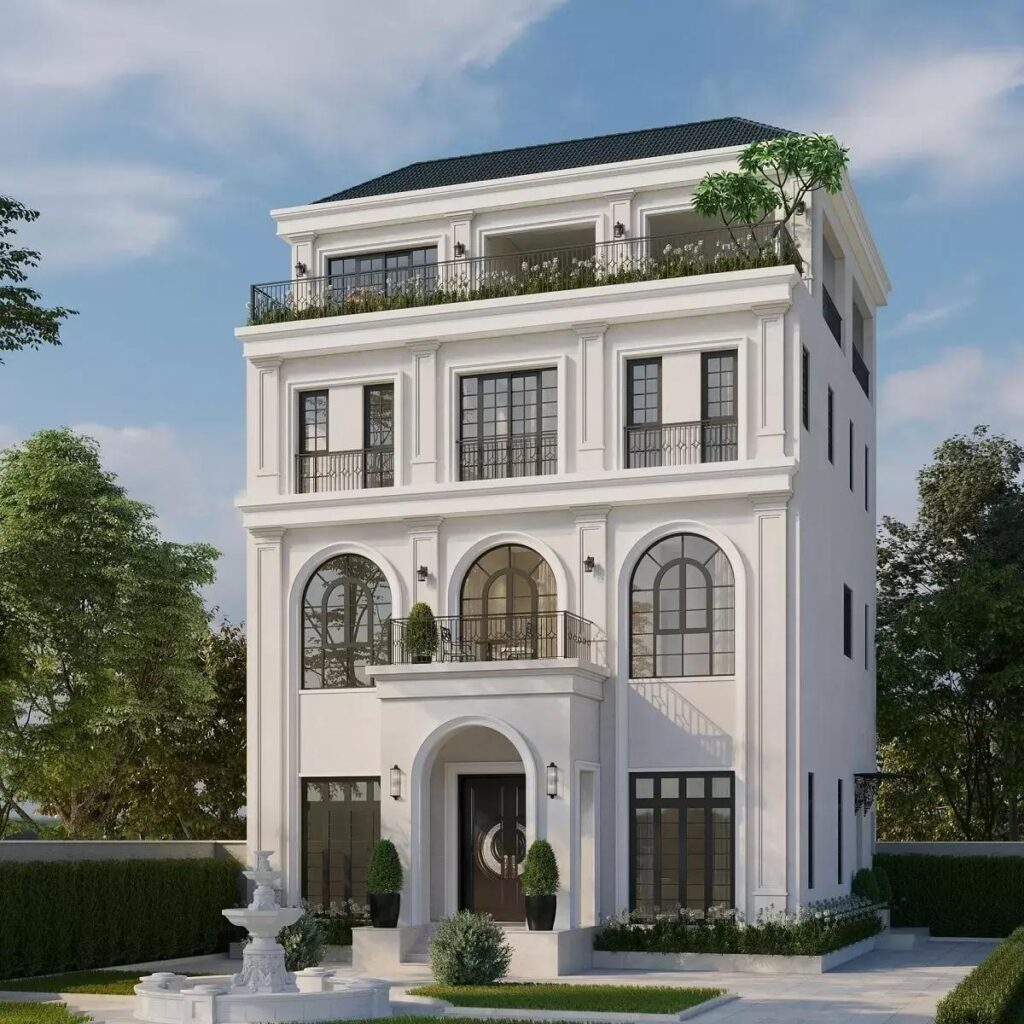 Mẫu nhà ống 4 tầng tân cổ điển mái Nhật đầy nhẹ nhàng