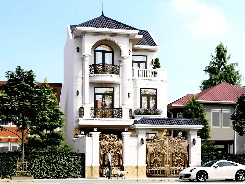 Mẫu nhà biệt thự phố 3 tầng mặt tiền 7m mái Nhật tân cổ điển