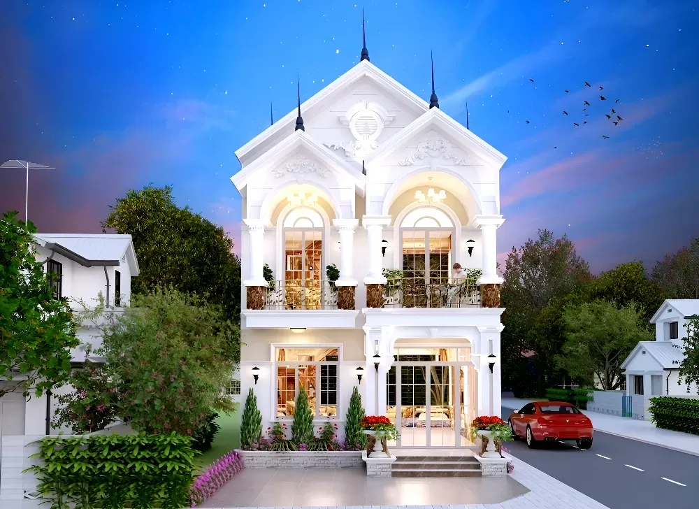 Mẫu thiết kế nhà phố 2 tầng mái Thái phong cách tân cổ điển