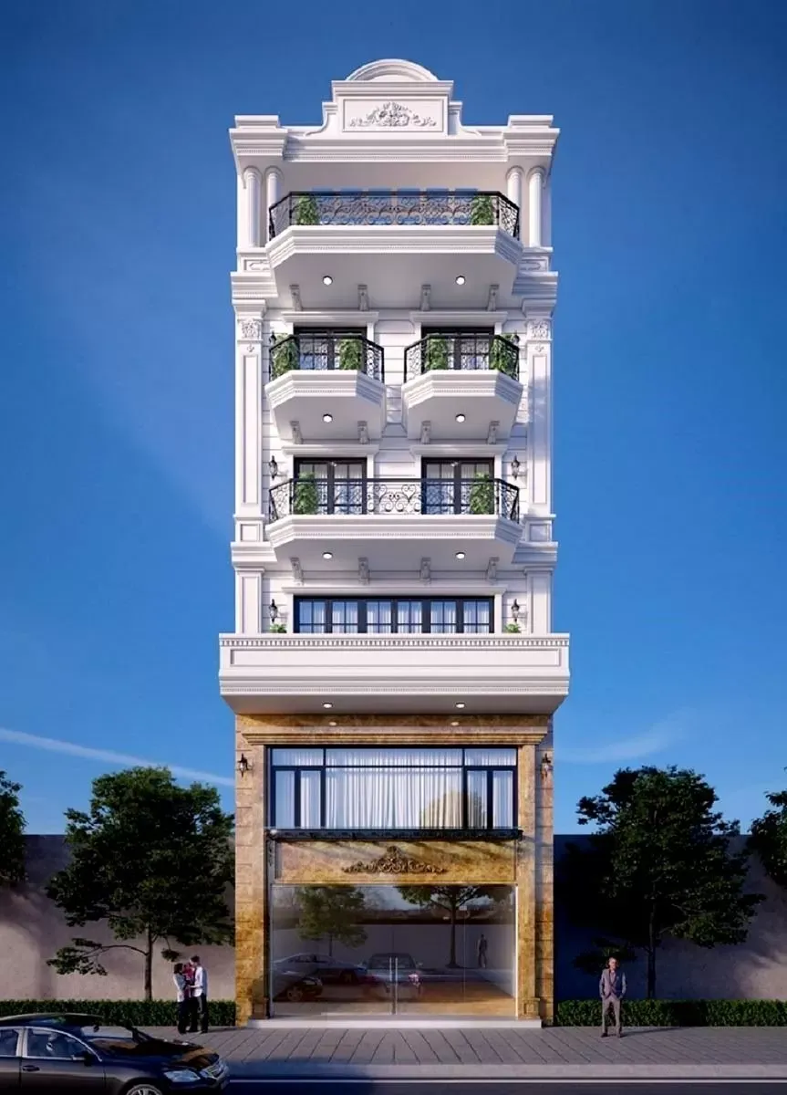 Mẫu nhà phố tân cổ điển 6 tầng với mái bằng