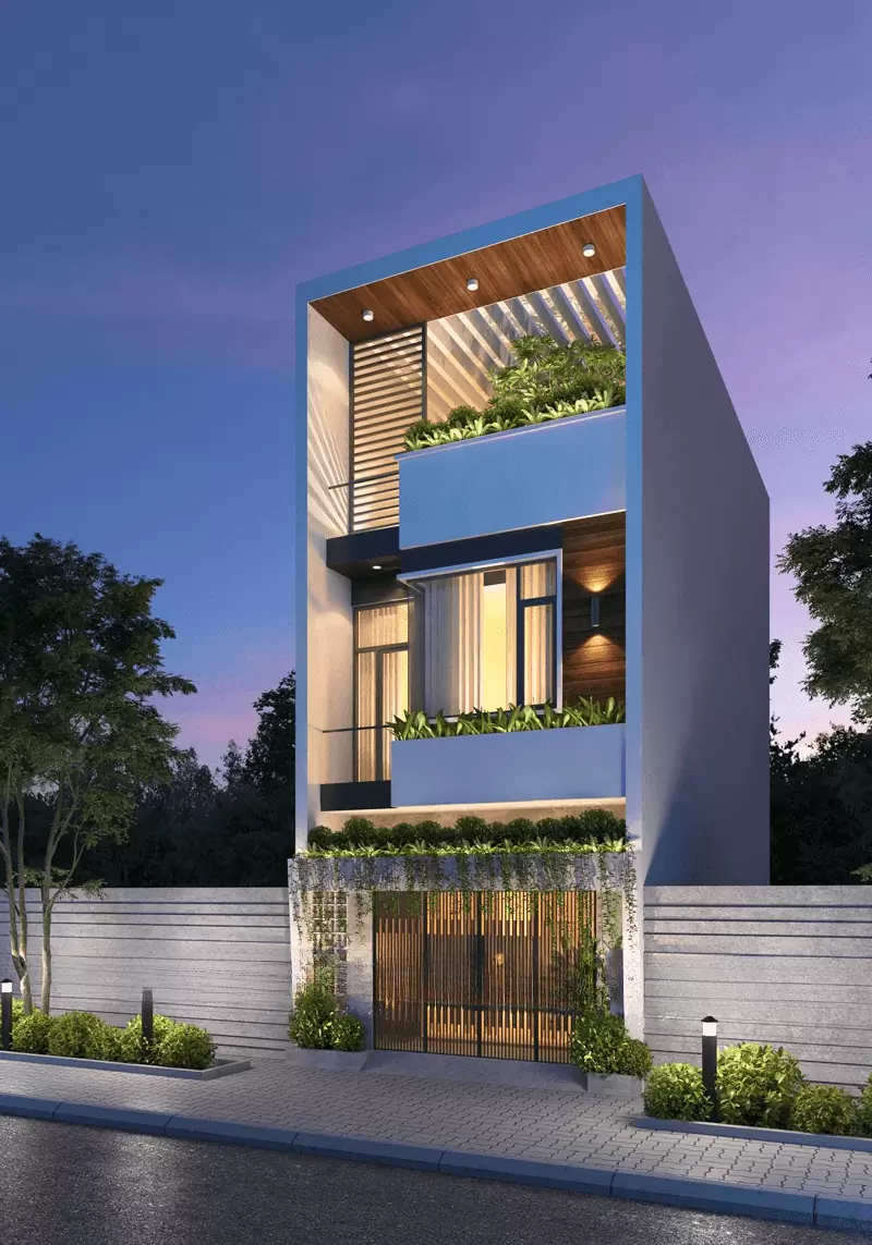 Mặt tiền nhà ống 3 tầng đơn giản có sân thượng
