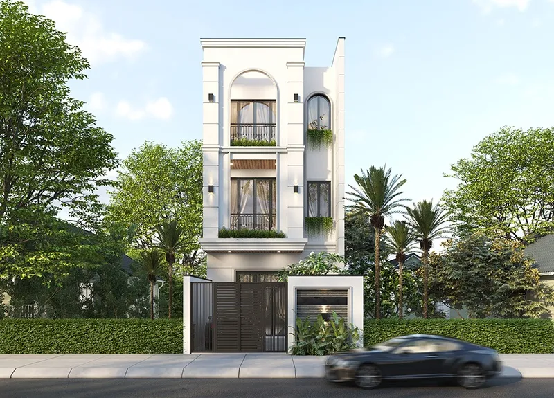 Mặt tiền nhà ống 3 tầng phong cách tối giản đầy linh hoạt