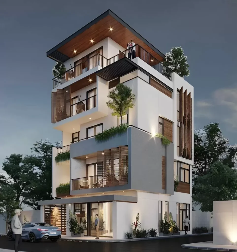 Mẫu nhà phố 5 tầng phong cách mở với thang máy