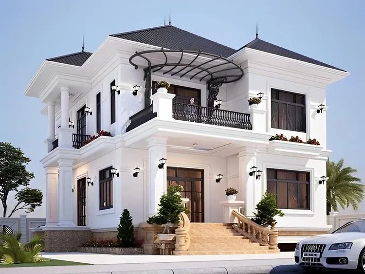 Mẫu biệt thự 2 tầng mái Nhật hình vuông cân đối