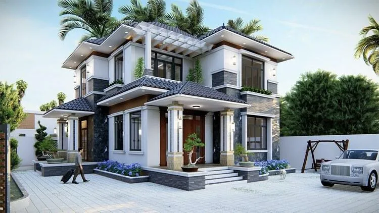 Mẫu nhà biệt thự 2 tầng mái Nhật hiện đại