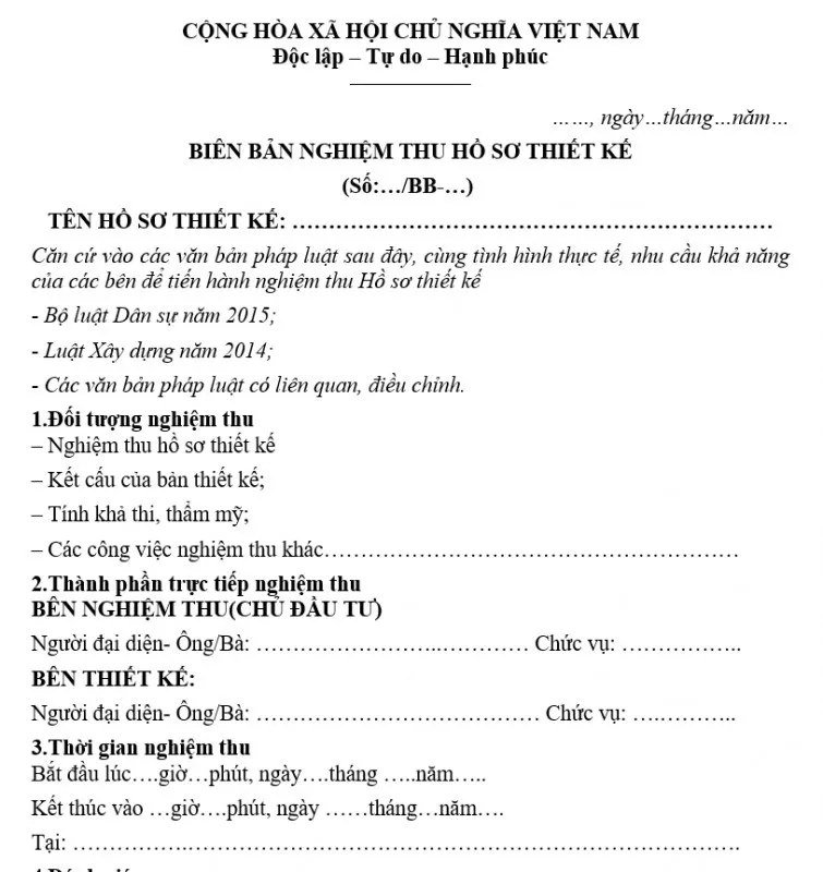 Biên bản nghiệm thu hồ sơ thiết kế xây dựng