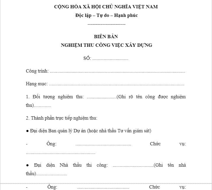 Biên bản nghiệm thu khối lượng công việc