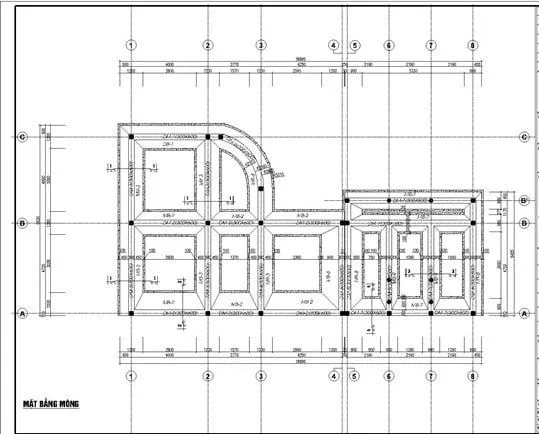 Bản vẽ thiết kế móng băng nhà phố 2 tầng