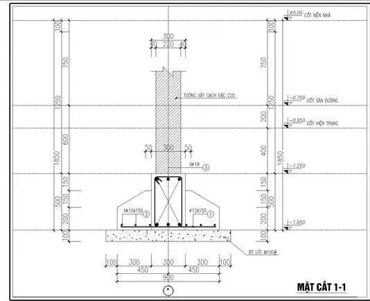 Bản vẽ thiết kế móng băng nhà phố 1 tầng