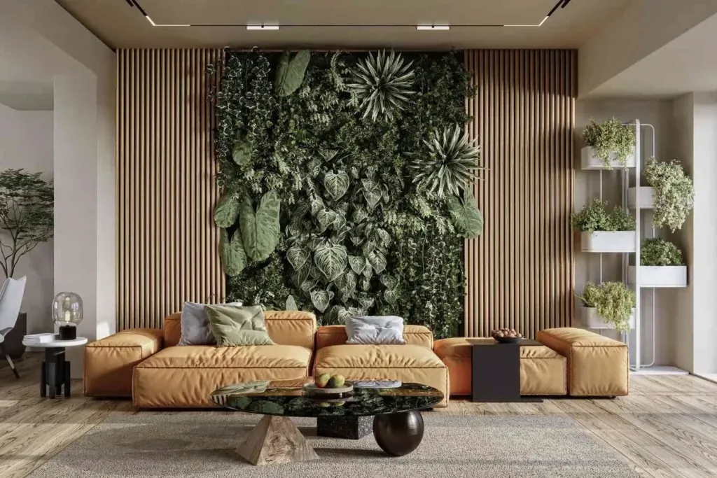 Modern living room with green wall