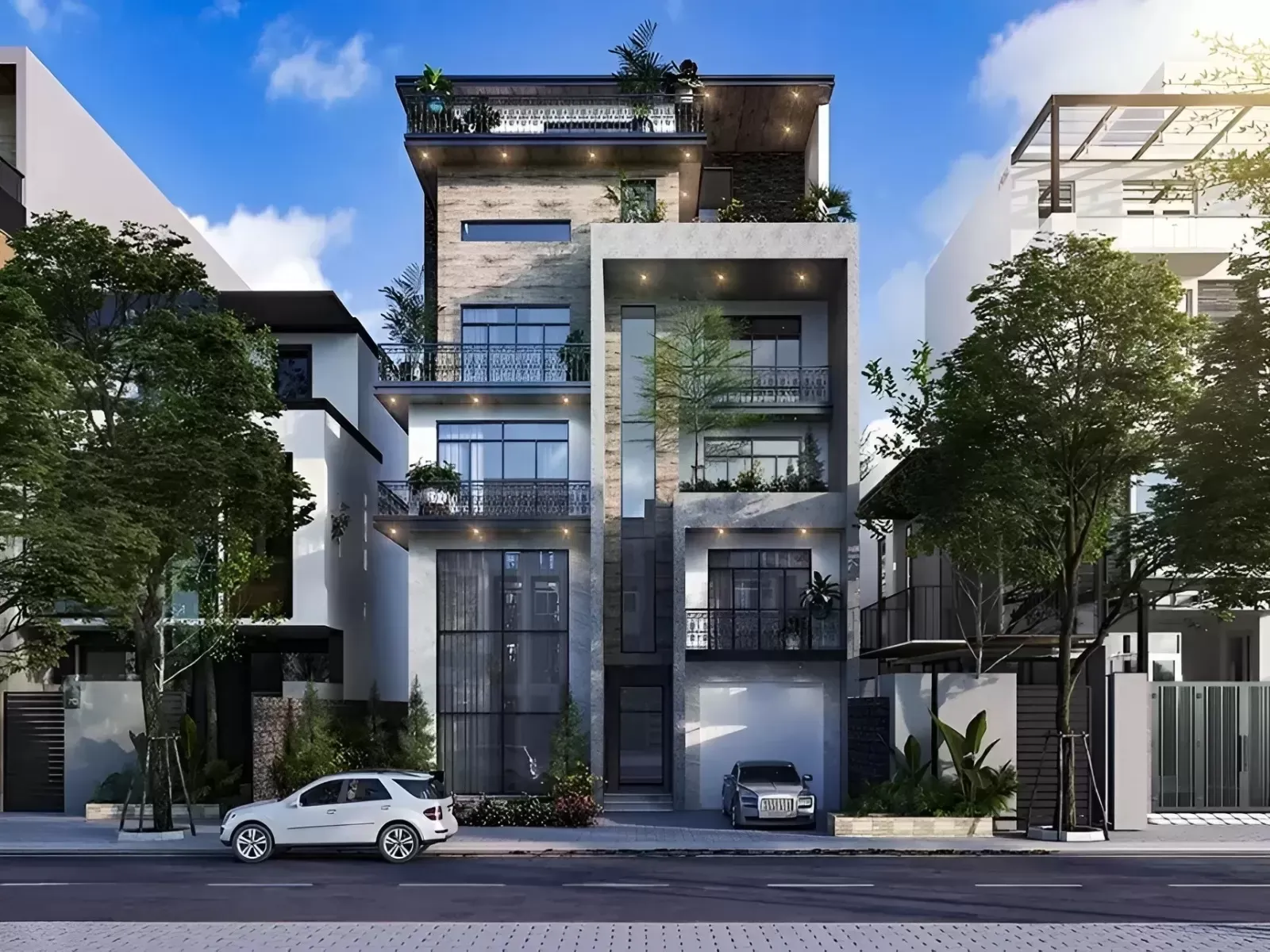 Mẫu nhà 5 tầng hiện đại và tối giản tích hợp thang máy